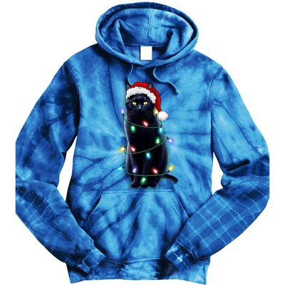 Santa Black Cat Tangled Up In Christmas Tree Lights Holiday Gift Tie Dye Hoodie