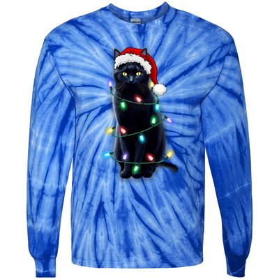 Santa Black Cat Tangled Up In Christmas Tree Lights Holiday Gift Tie-Dye Long Sleeve Shirt