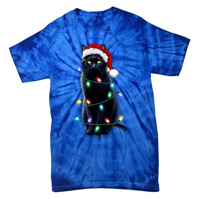 Santa Black Cat Tangled Up In Christmas Tree Lights Holiday Gift Tie-Dye T-Shirt