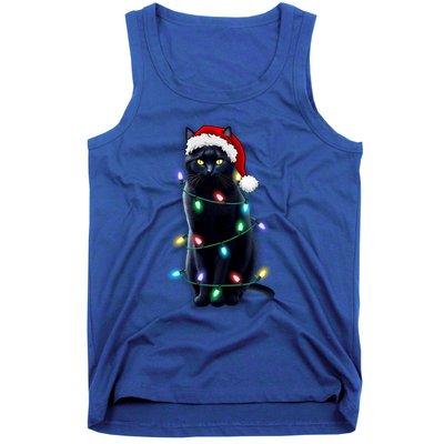 Santa Black Cat Tangled Up In Christmas Tree Lights Holiday Gift Tank Top