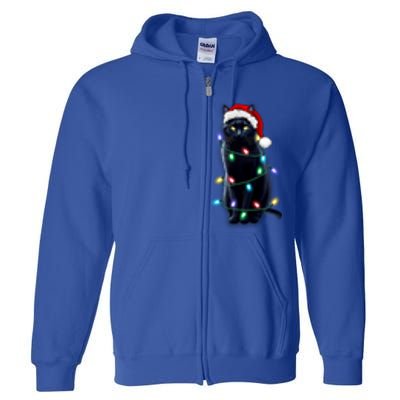 Santa Black Cat Tangled Up In Christmas Tree Lights Holiday Gift Full Zip Hoodie