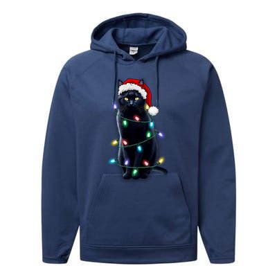 Santa Black Cat Tangled Up In Christmas Tree Lights Holiday Gift Performance Fleece Hoodie