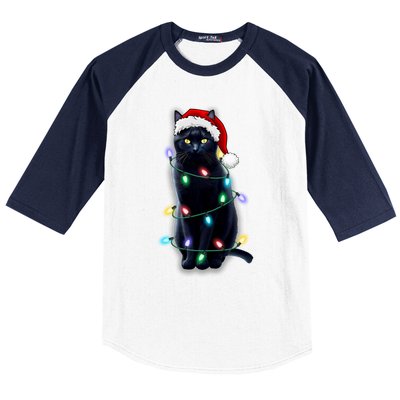 Santa Black Cat Tangled Up In Christmas Tree Lights Holiday Gift Baseball Sleeve Shirt