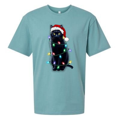 Santa Black Cat Tangled Up In Christmas Tree Lights Holiday Gift Sueded Cloud Jersey T-Shirt