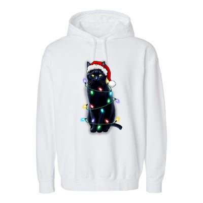 Santa Black Cat Tangled Up In Christmas Tree Lights Holiday Gift Garment-Dyed Fleece Hoodie