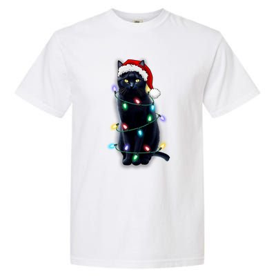 Santa Black Cat Tangled Up In Christmas Tree Lights Holiday Gift Garment-Dyed Heavyweight T-Shirt