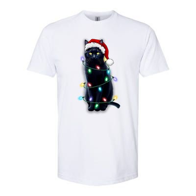 Santa Black Cat Tangled Up In Christmas Tree Lights Holiday Gift Softstyle CVC T-Shirt