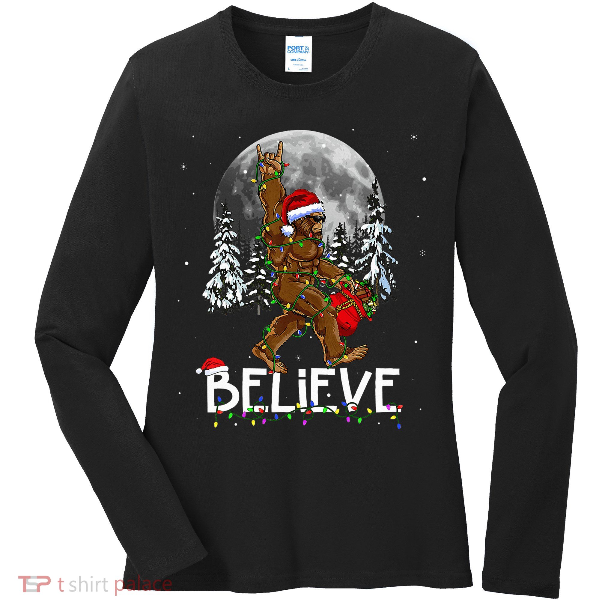Santa Bigfoot Christmas Sasquatch Believe Ladies Long Sleeve Shirt
