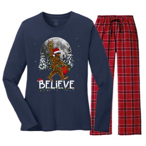 Santa Bigfoot Christmas Sasquatch Believe Women's Long Sleeve Flannel Pajama Set 