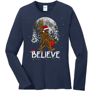 Santa Bigfoot Christmas Sasquatch Believe Ladies Long Sleeve Shirt