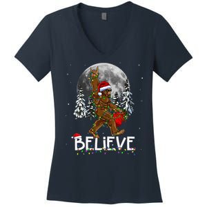 Santa Bigfoot Christmas Sasquatch Believe Women's V-Neck T-Shirt