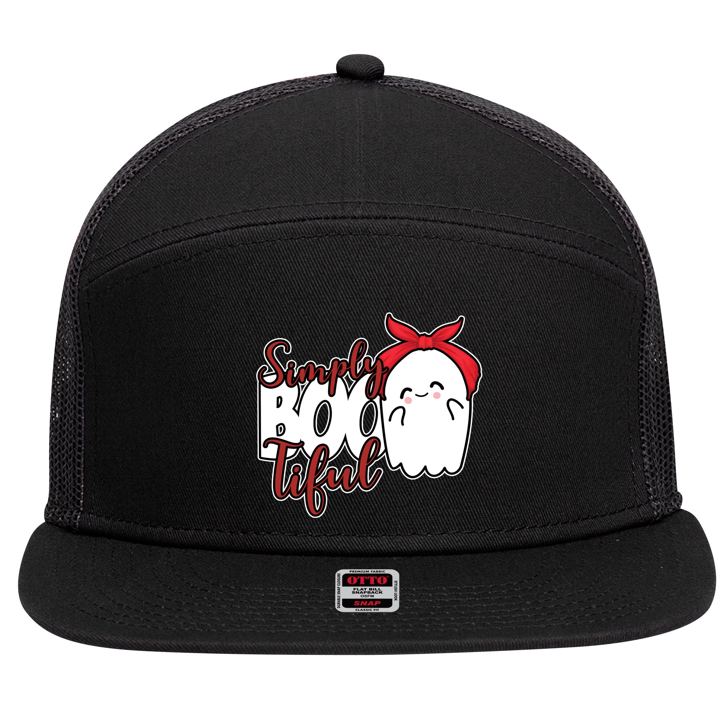 Simply Bootiful Cute Halloween Ghost 7 Panel Mesh Trucker Snapback Hat