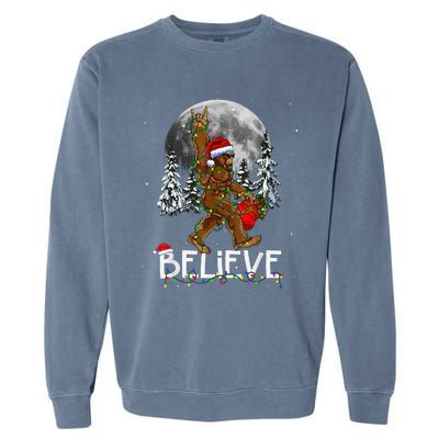 Santa Bigfoot Christmas Lights Funny Sasquatch Believe Xmas Garment-Dyed Sweatshirt