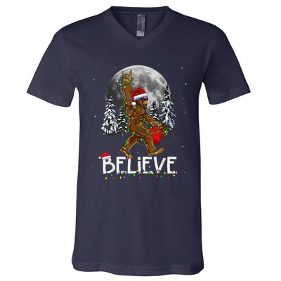 Santa Bigfoot Christmas Lights Funny Sasquatch Believe Xmas V-Neck T-Shirt