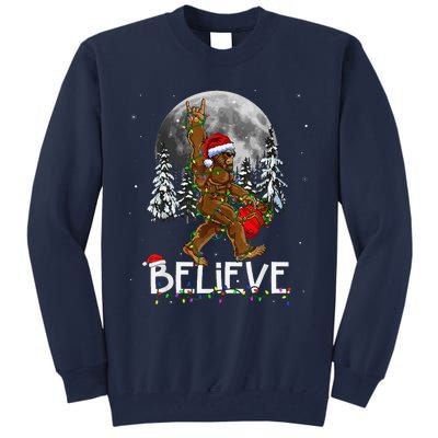 Santa Bigfoot Christmas Lights Funny Sasquatch Believe Xmas Tall Sweatshirt