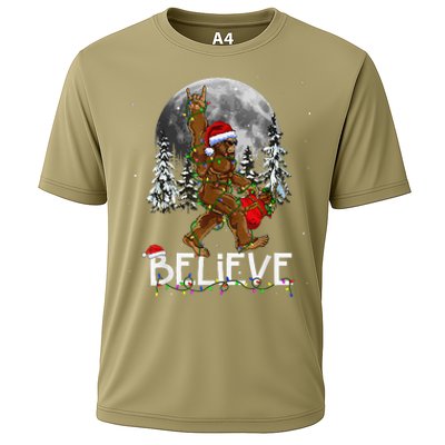 Santa Bigfoot Christmas Lights Funny Sasquatch Believe Xmas Cooling Performance Crew T-Shirt