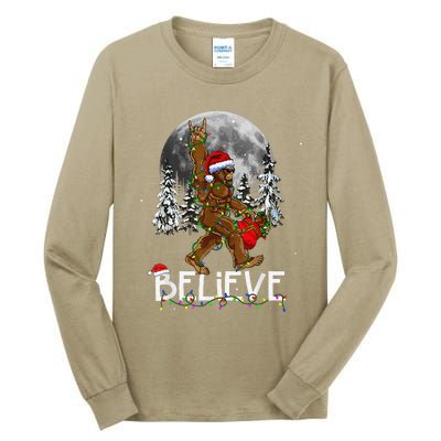 Santa Bigfoot Christmas Lights Funny Sasquatch Believe Xmas Tall Long Sleeve T-Shirt