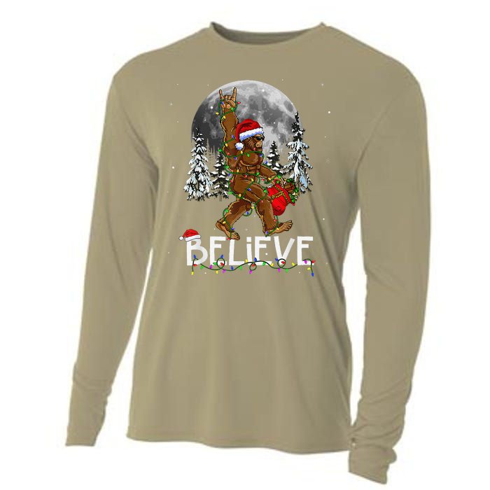 Santa Bigfoot Christmas Lights Funny Sasquatch Believe Xmas Cooling Performance Long Sleeve Crew