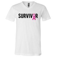 Survivor Breast Cancer Awareness Ribbon V-Neck T-Shirt