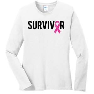 Survivor Breast Cancer Awareness Ribbon Ladies Long Sleeve Shirt