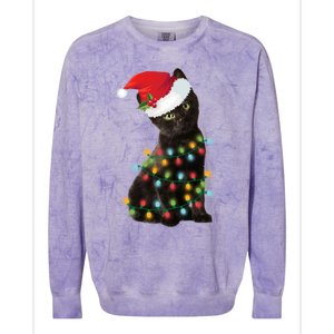 Santa Black Cat Tangled Up In Christmas Tree Lights Holiday Gift Colorblast Crewneck Sweatshirt