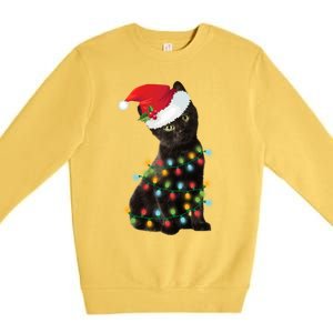 Santa Black Cat Tangled Up In Christmas Tree Lights Holiday Gift Premium Crewneck Sweatshirt