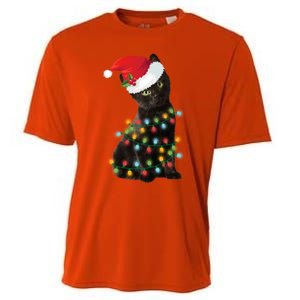 Santa Black Cat Tangled Up In Christmas Tree Lights Holiday Gift Cooling Performance Crew T-Shirt