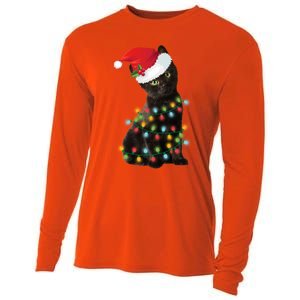 Santa Black Cat Tangled Up In Christmas Tree Lights Holiday Gift Cooling Performance Long Sleeve Crew