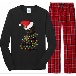 Santa Black Cat Tangled Up In Christmas Tree Lights Holiday Gift Long Sleeve Pajama Set