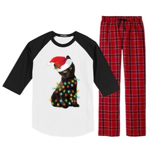 Santa Black Cat Tangled Up In Christmas Tree Lights Holiday Gift Raglan Sleeve Pajama Set