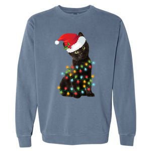 Santa Black Cat Tangled Up In Christmas Tree Lights Holiday Gift Garment-Dyed Sweatshirt