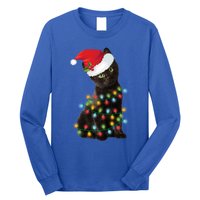 Santa Black Cat Tangled Up In Christmas Tree Lights Holiday Gift Long Sleeve Shirt