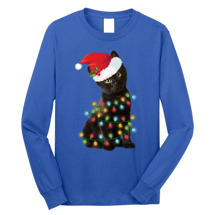 Santa Black Cat Tangled Up In Christmas Tree Lights Holiday Gift Long Sleeve Shirt