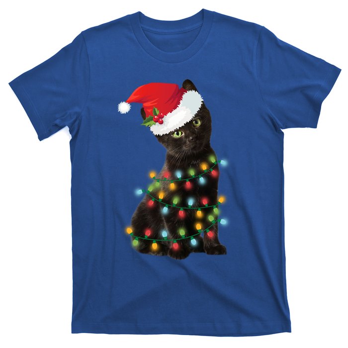 Santa Black Cat Tangled Up In Christmas Tree Lights Holiday Gift T-Shirt