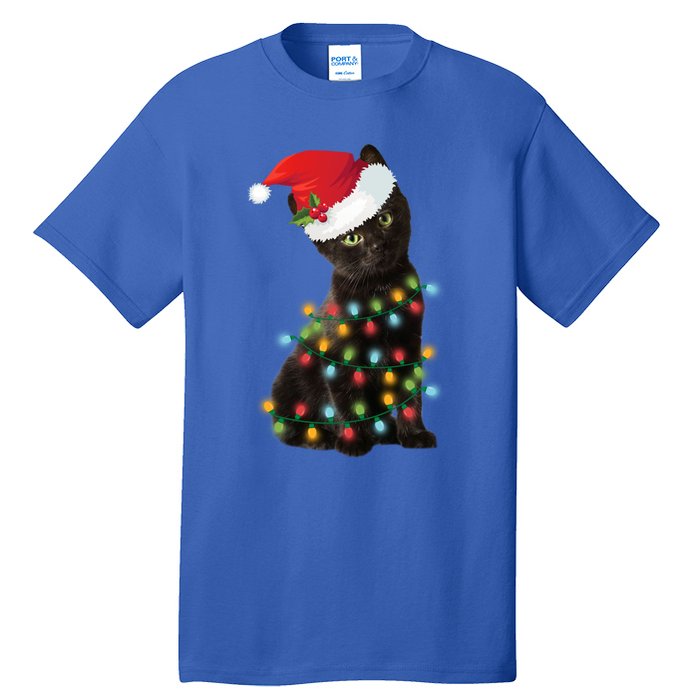 Santa Black Cat Tangled Up In Christmas Tree Lights Holiday Gift Tall T-Shirt