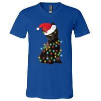 Santa Black Cat Tangled Up In Christmas Tree Lights Holiday Gift V-Neck T-Shirt