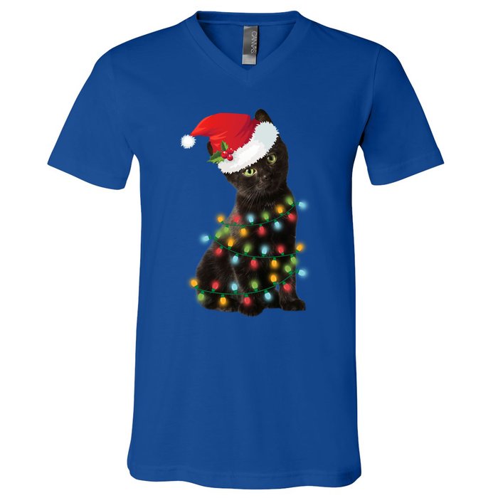 Santa Black Cat Tangled Up In Christmas Tree Lights Holiday Gift V-Neck T-Shirt