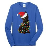 Santa Black Cat Tangled Up In Christmas Tree Lights Holiday Gift Tall Long Sleeve T-Shirt