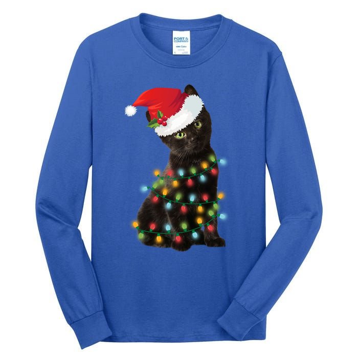 Santa Black Cat Tangled Up In Christmas Tree Lights Holiday Gift Tall Long Sleeve T-Shirt