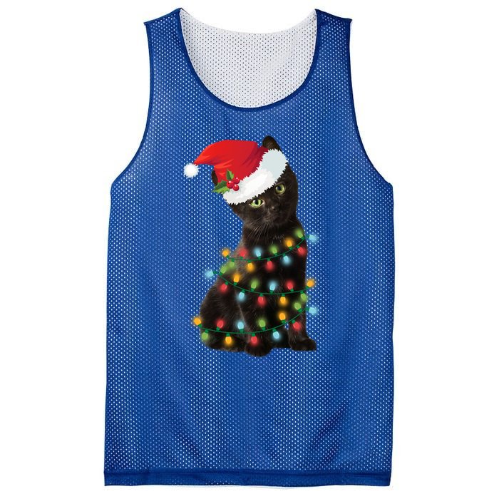 Santa Black Cat Tangled Up In Christmas Tree Lights Holiday Gift Mesh Reversible Basketball Jersey Tank