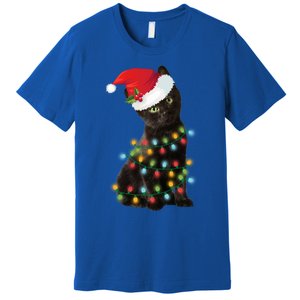 Santa Black Cat Tangled Up In Christmas Tree Lights Holiday Gift Premium T-Shirt