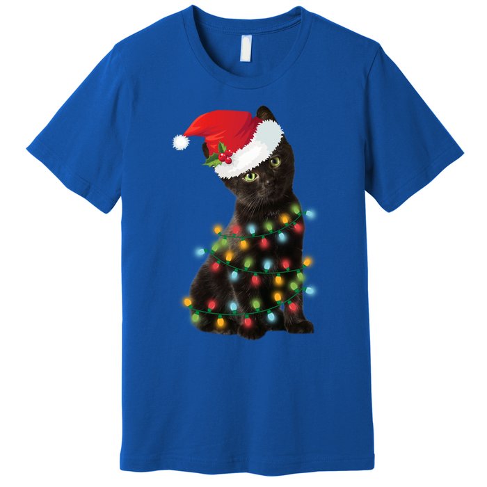 Santa Black Cat Tangled Up In Christmas Tree Lights Holiday Gift Premium T-Shirt