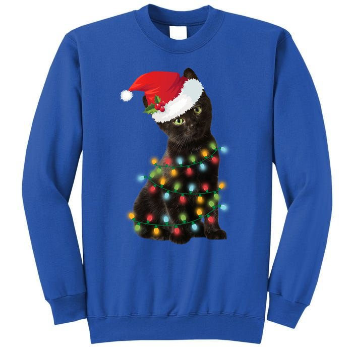 Santa Black Cat Tangled Up In Christmas Tree Lights Holiday Gift Tall Sweatshirt