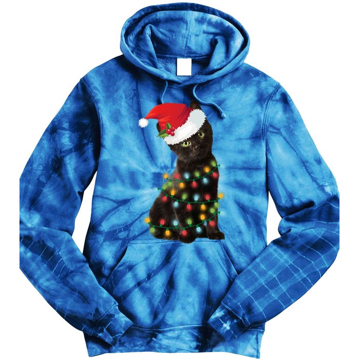 Santa Black Cat Tangled Up In Christmas Tree Lights Holiday Gift Tie Dye Hoodie