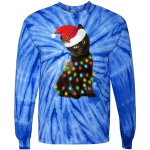 Santa Black Cat Tangled Up In Christmas Tree Lights Holiday Gift Tie-Dye Long Sleeve Shirt