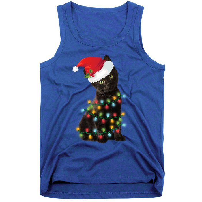 Santa Black Cat Tangled Up In Christmas Tree Lights Holiday Gift Tank Top