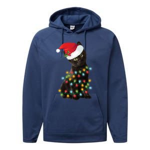 Santa Black Cat Tangled Up In Christmas Tree Lights Holiday Gift Performance Fleece Hoodie