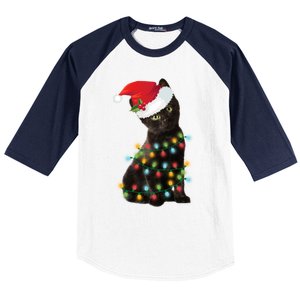 Santa Black Cat Tangled Up In Christmas Tree Lights Holiday Gift Baseball Sleeve Shirt