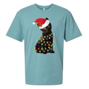 Santa Black Cat Tangled Up In Christmas Tree Lights Holiday Gift Sueded Cloud Jersey T-Shirt