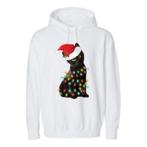 Santa Black Cat Tangled Up In Christmas Tree Lights Holiday Gift Garment-Dyed Fleece Hoodie